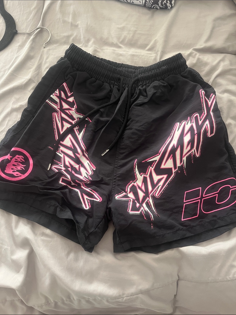 Hellstar Black Graphic Swim Shorts with Pink Logos